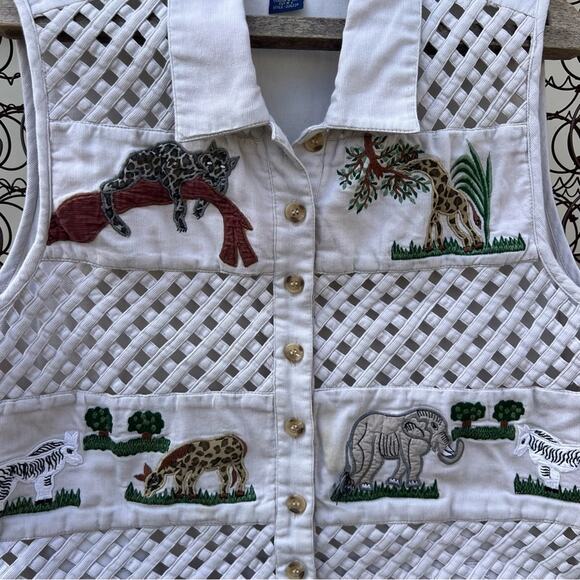 Vintage 90s willow Ridge embroidered zoo safari animals lattice front vest LP - Picture 3 of 5